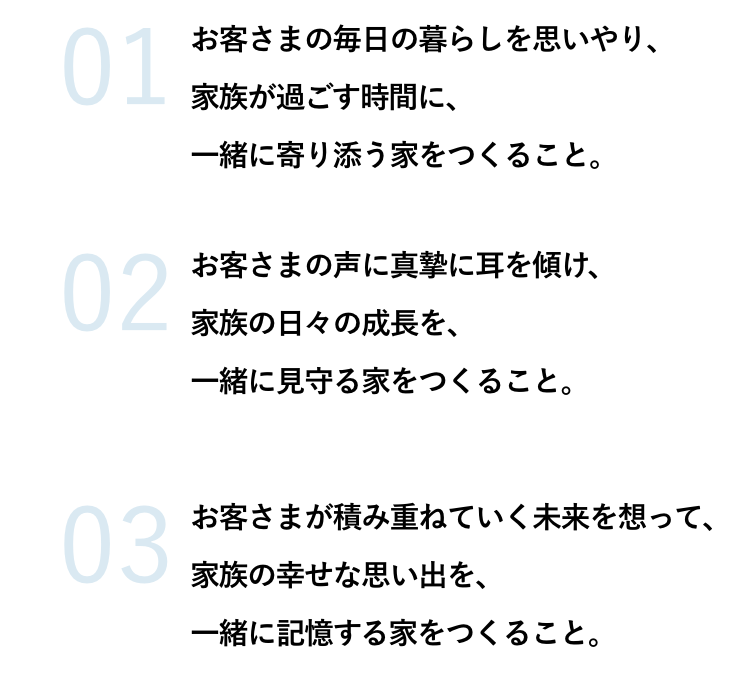 一、お客さまの毎日の暮らしを思いやり、家族が過ごす時間に、一緒に寄り添う家をつくること。二、お客さまの声に真摯に耳を傾け、家族の日々の成長を、一緒に見守る家をつくること。三、お客さまが積み重ねていく未来を想って、家族の幸せな思い出を、一緒に記憶する家をつくること。