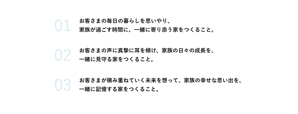 一、お客さまの毎日の暮らしを思いやり、家族が過ごす時間に、一緒に寄り添う家をつくること。二、お客さまの声に真摯に耳を傾け、家族の日々の成長を、一緒に見守る家をつくること。三、お客さまが積み重ねていく未来を想って、家族の幸せな思い出を、一緒に記憶する家をつくること。